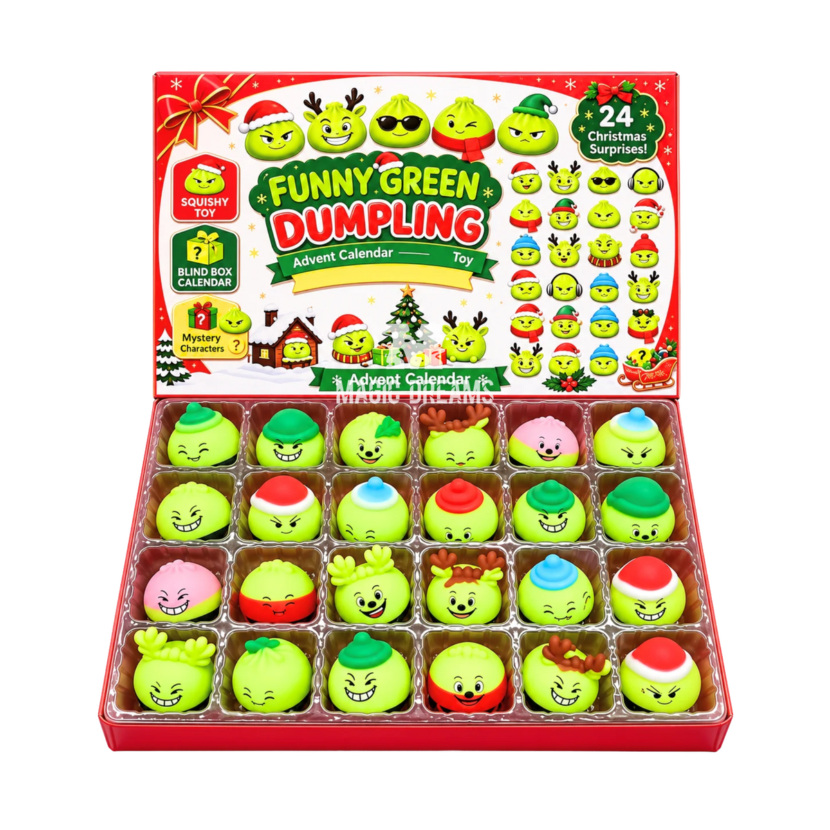 Calendário do Advento Squishy Grinch Funny Green Dumplings – 24 Surpresas de Natal
