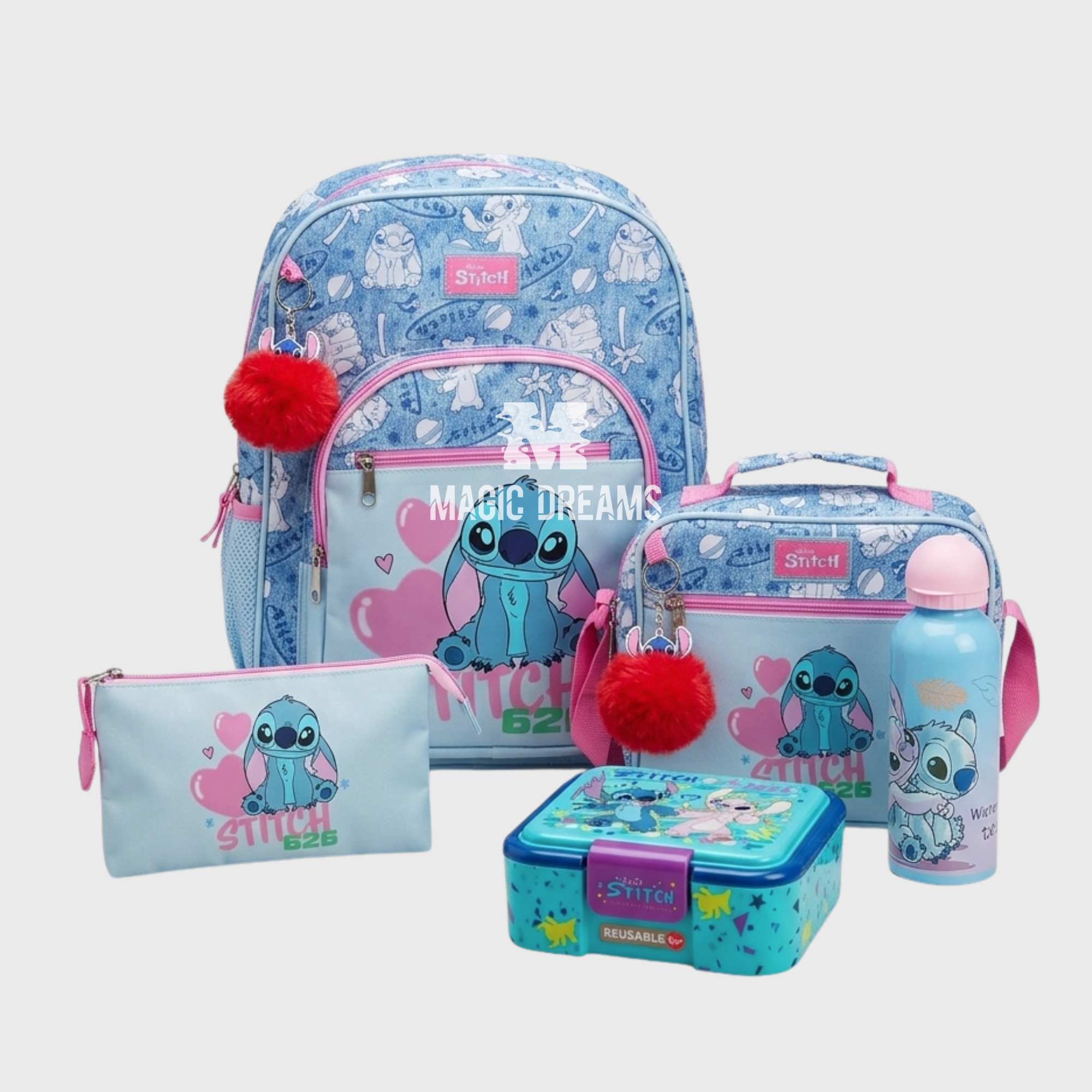 Conjunto Escolar Disney Stitch Hearts Completo 5 Peças: Mochila Escolar 44cm + Lancheira Térmica + Estojo + Garrafa + Caixa de Lanches