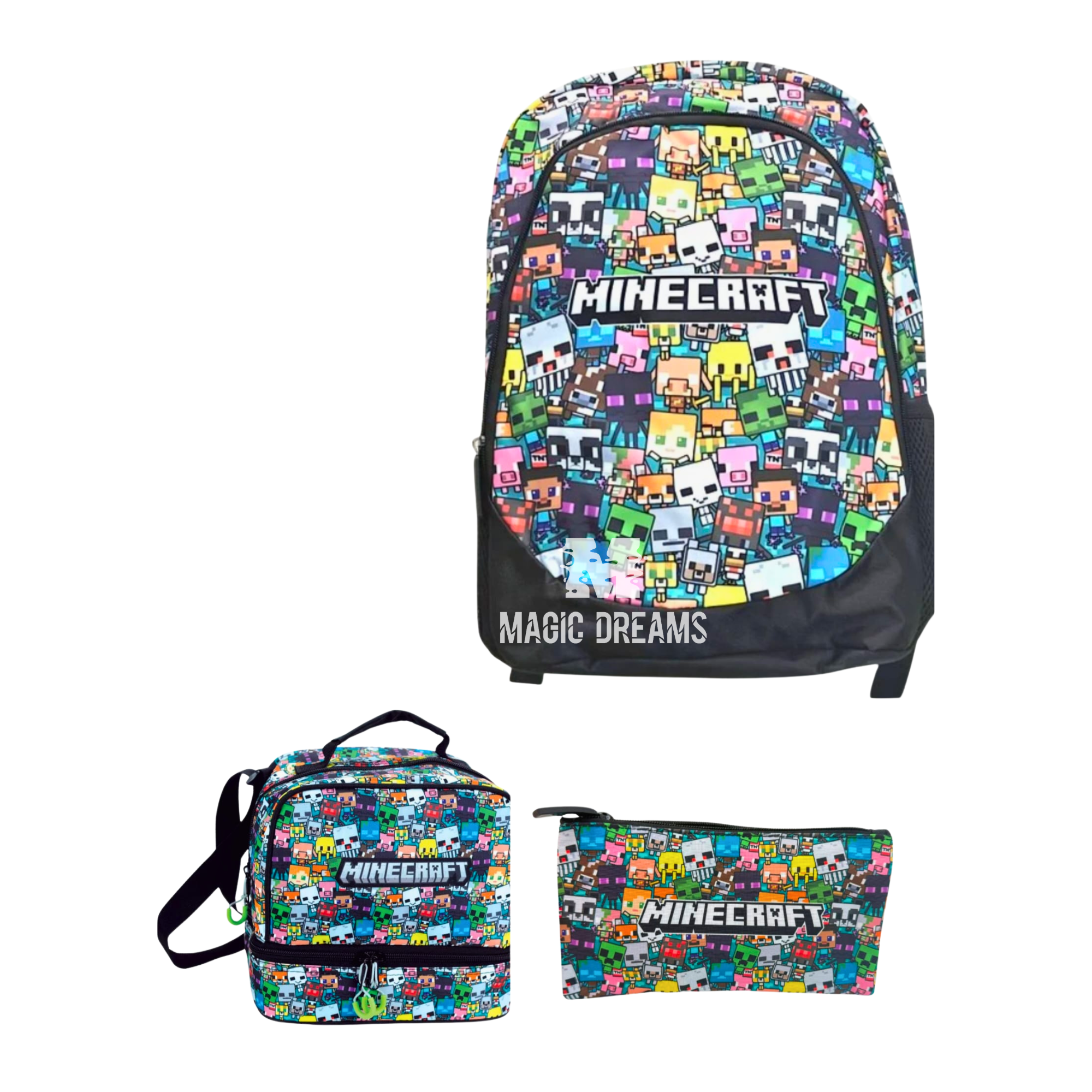 Conjunto Escolar Mochila 42cm Adaptável + Estojo Triplo + Lancheira Térmica Minecraft