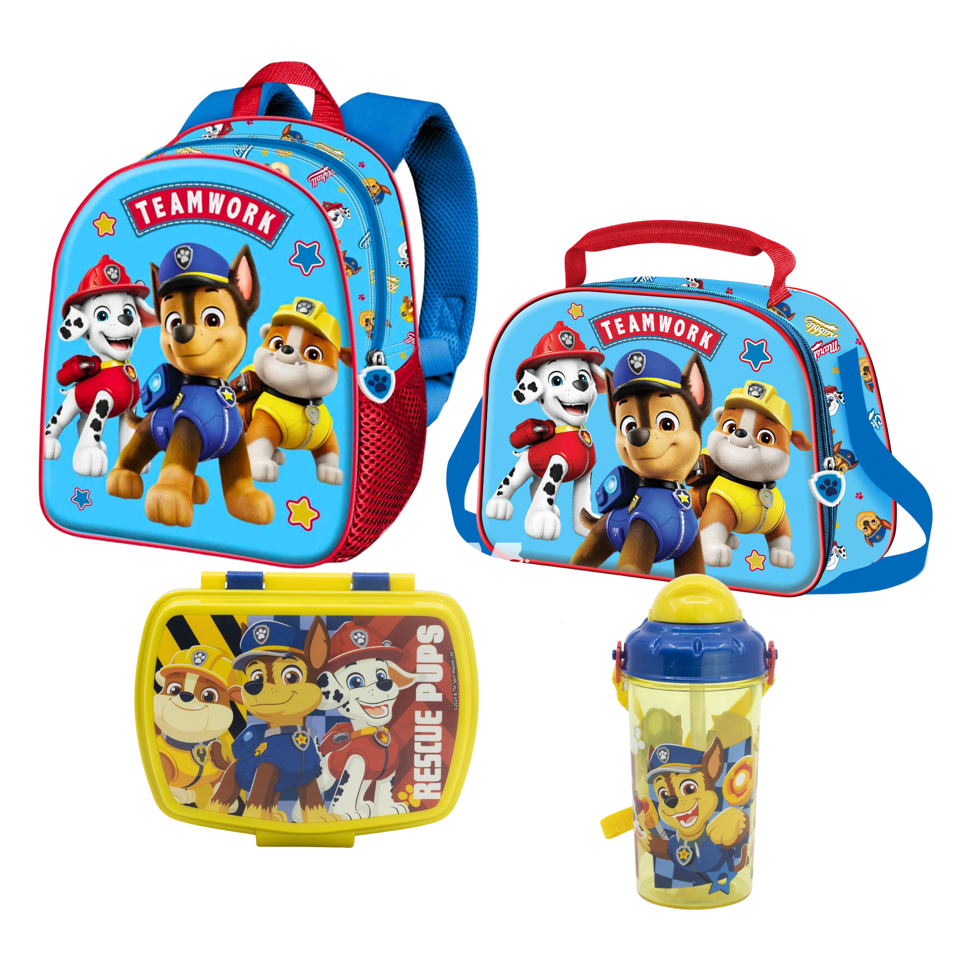 Conjunto Mochila Pré-Escolar 3D 31cm + Lancheira Térmica 3D Ready + Garrafa 465ml + Sanduicheira Simples Patrulha Pata