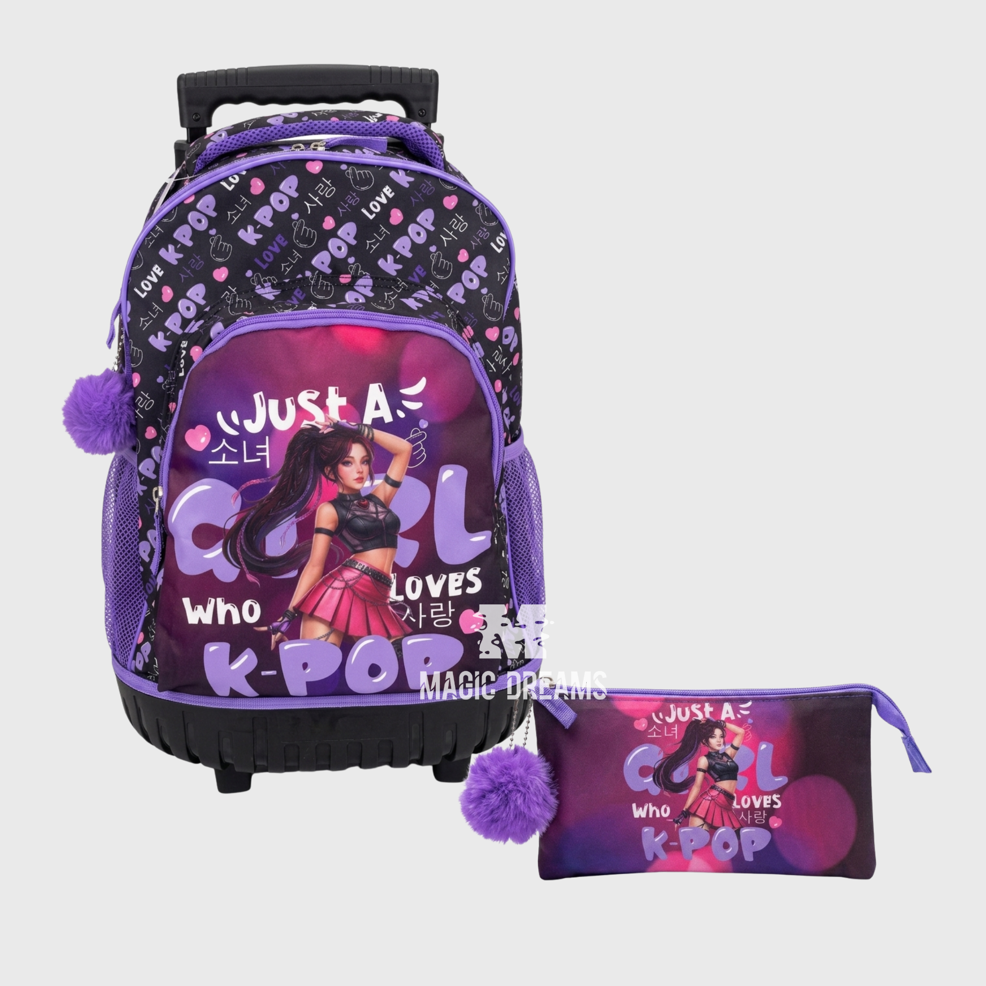 Conjunto de Mochila Escolar Trolley 44cm + Estojo Triplo K-Pop Loves