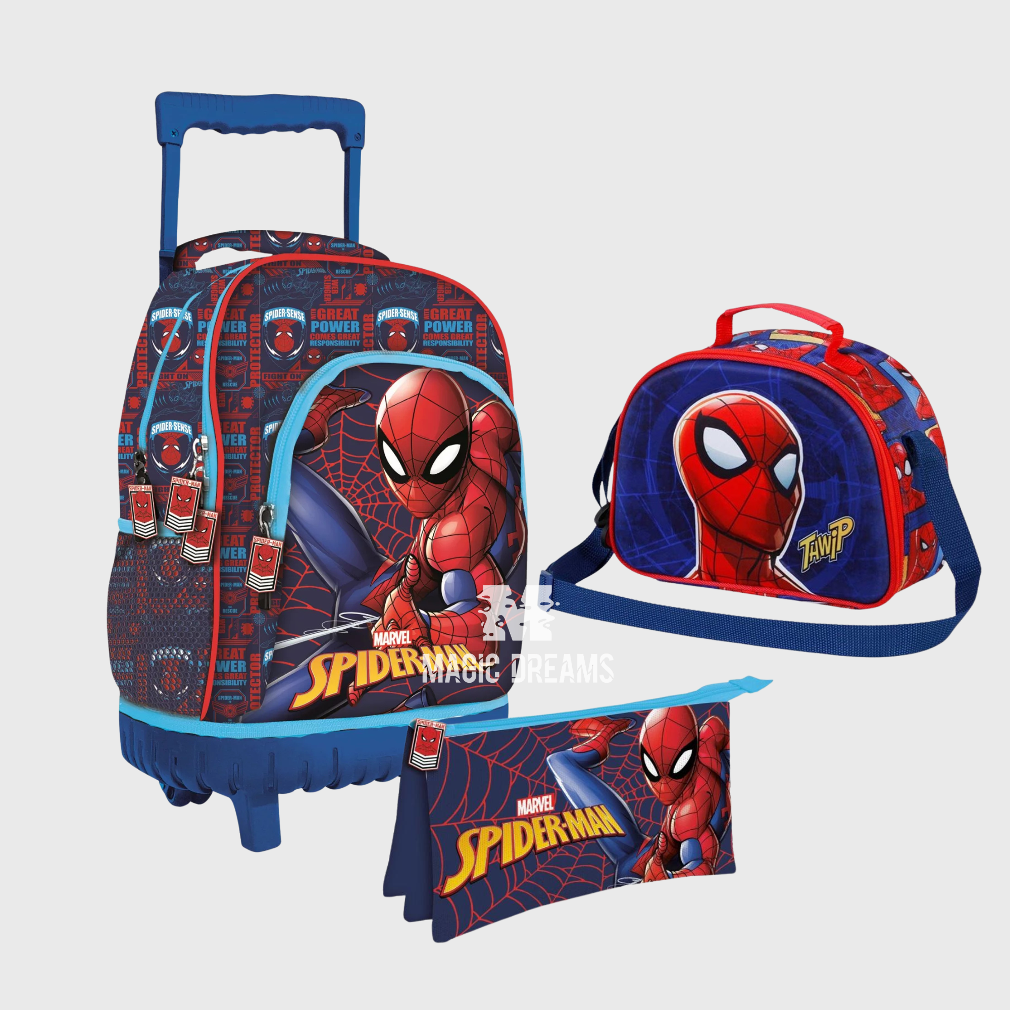 Conjunto de Mochila Escolar Trolley Spiderman 44cm + Estojo Triplo + Lancheira Térmica Homem Aranha Marvel
