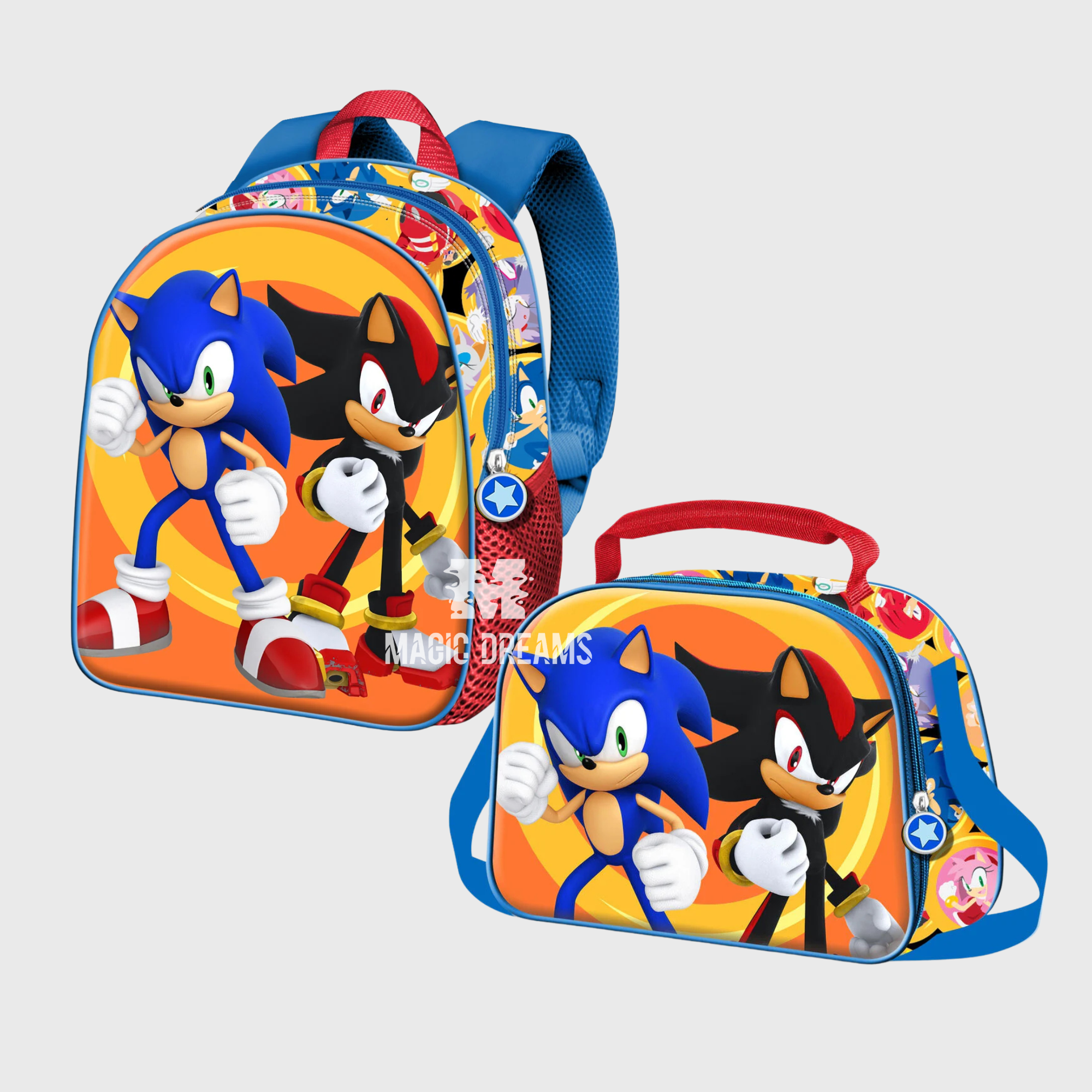 Conjunto Mochila Pré-Escolar 3D 32cm + Lancheira Térmica Elite Shadow Sonic The Hedgehog
