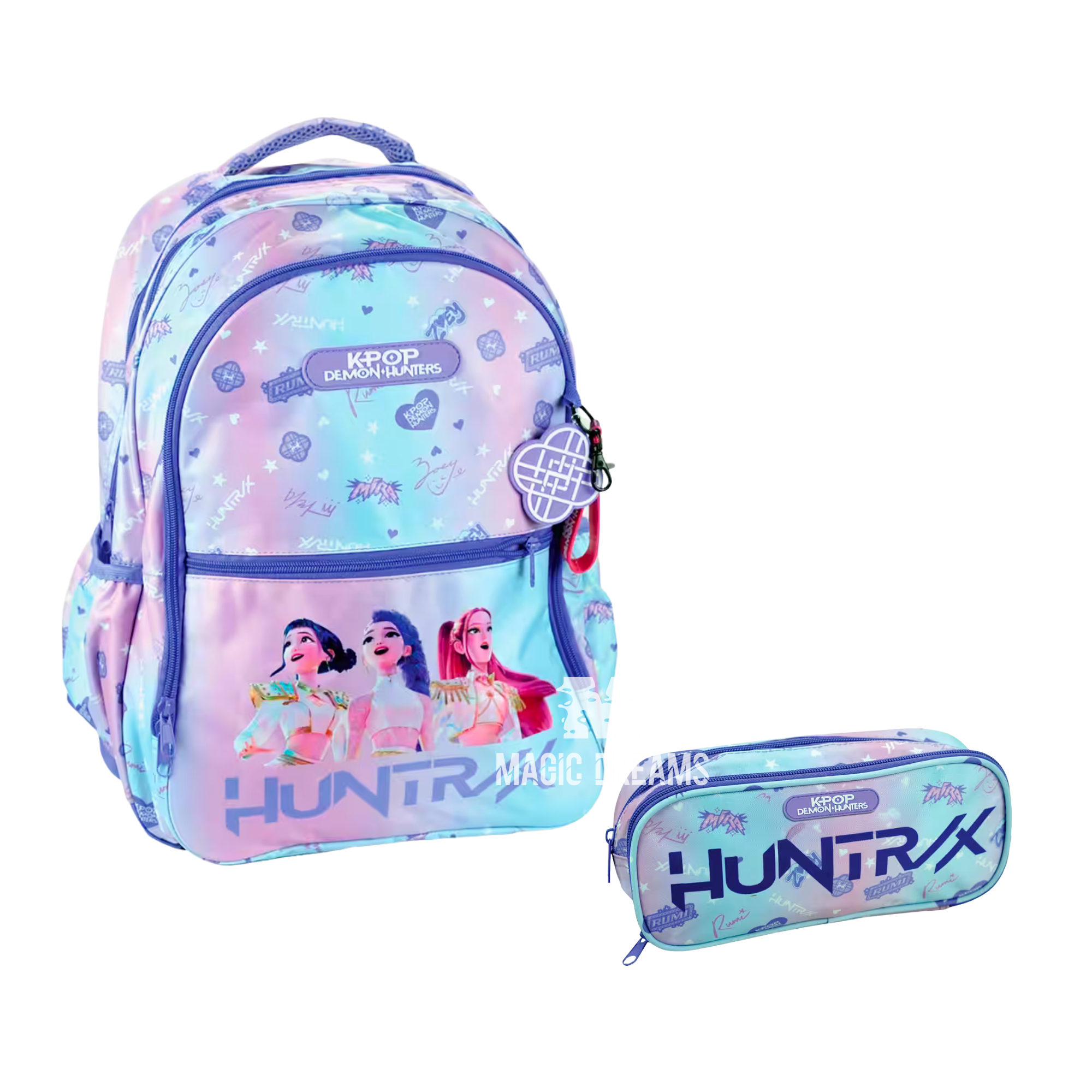 Conjunto de Mochila Escolar 46cm + Estojo Duplo Guerreiras do K-Pop Lilás