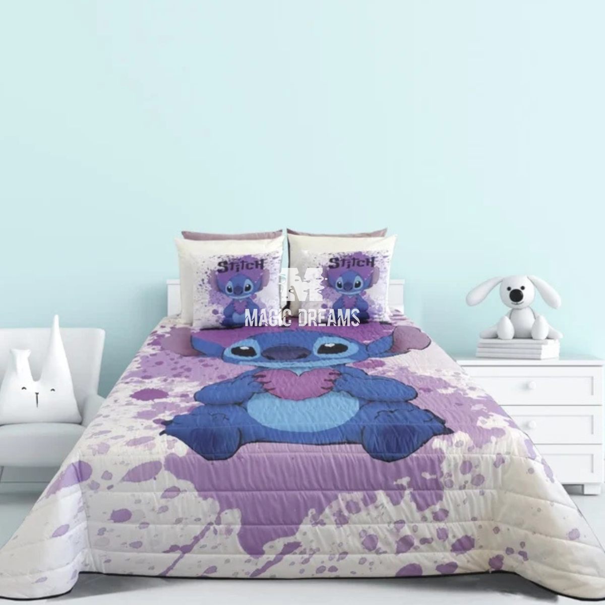 Edredão Estampagem Digital Lilo & Stitch Coração Lilás Disney