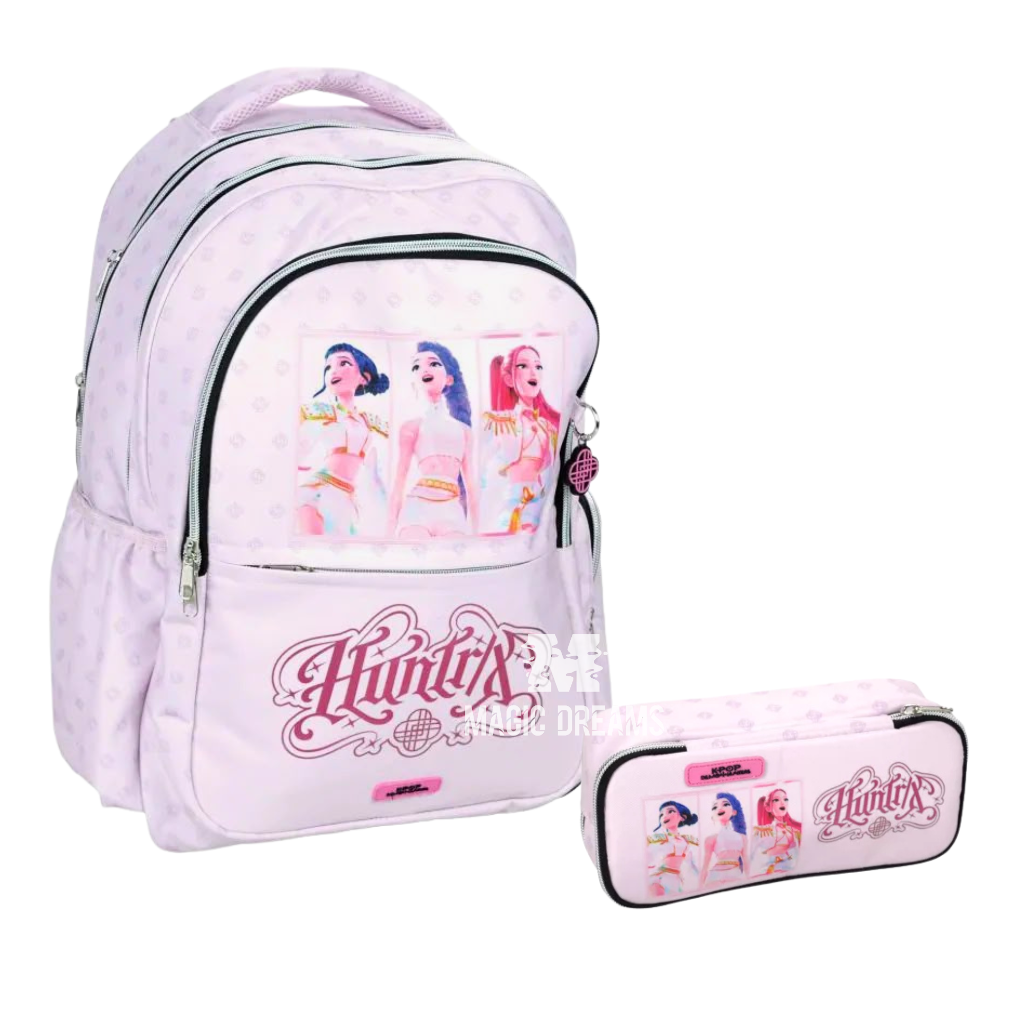 Conjunto de Mochila Escolar 46cm + Estojo Duplo Guerreiras do K-Pop Demon Hunters Rosa