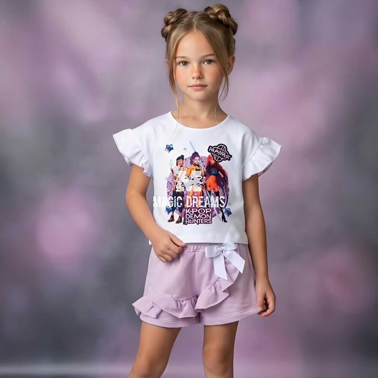 Conjunto T-Shirt e Calções de Verão K-Pop Demon Hunters Lilás