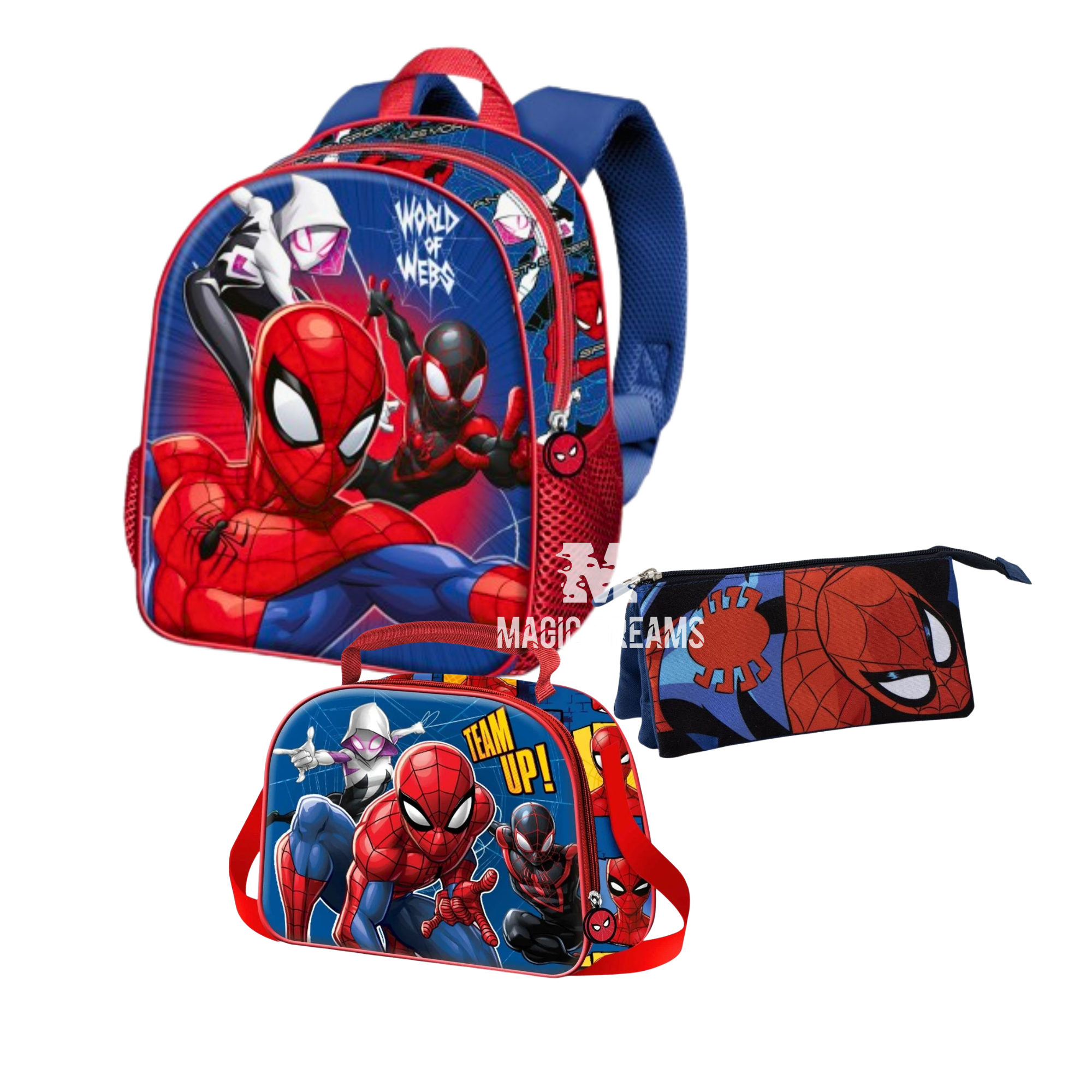Conjunto Escolar Mochila Basic 40cm Word Spiderman + Lancheira Térmica + Estojo Triplo Marvel