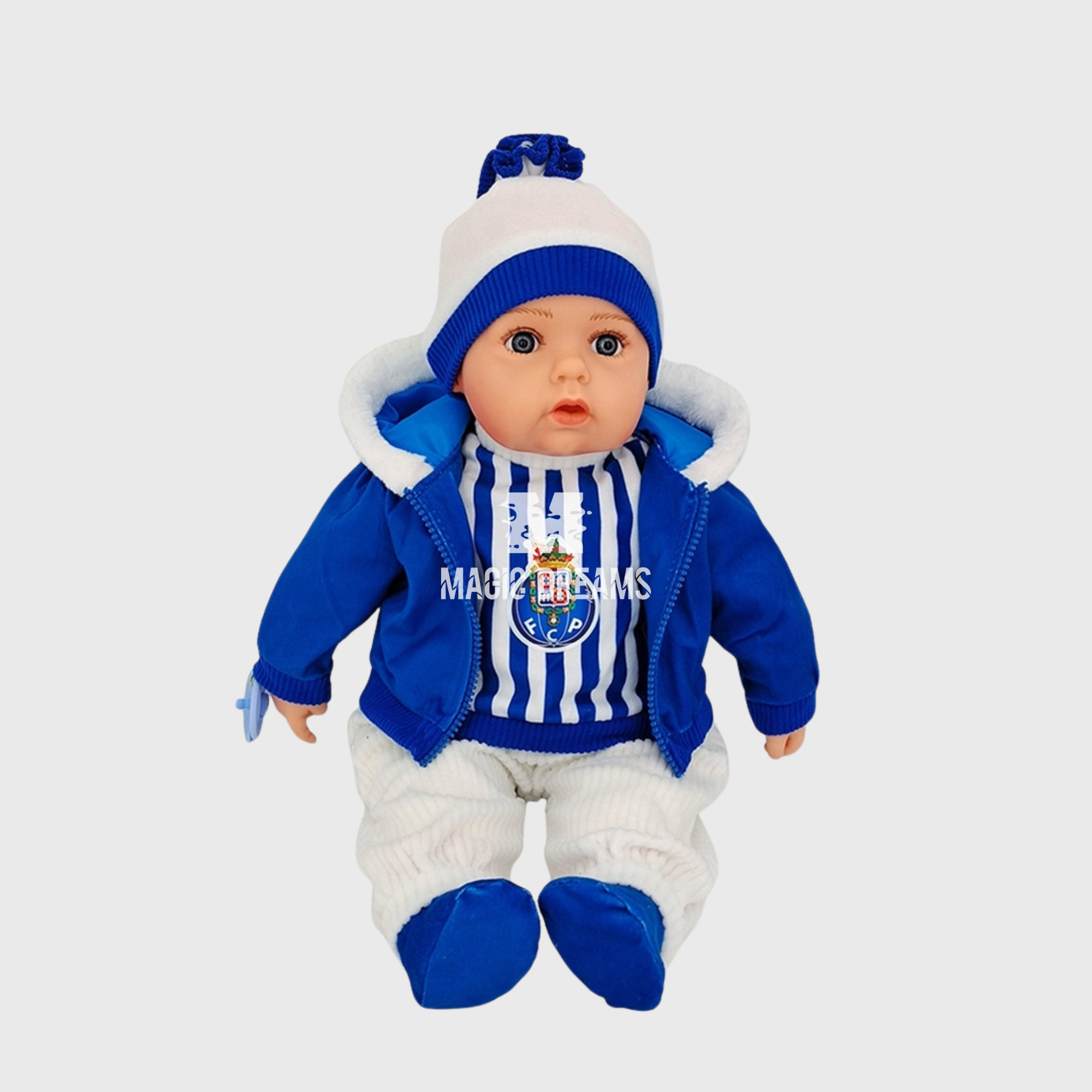 Boneco Bebé Realista Roupa Gorro FC Porto 50cm com som