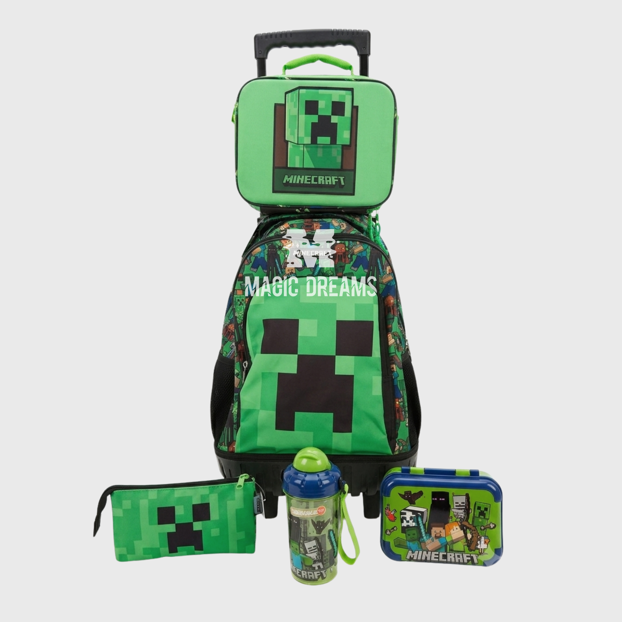 Conjunto Escolar Minecraft Completo 5 Peças: Mochila com Trolley 44cm + Lancheira + Estojo + Garrafa + Sanduicheira Simples - Minecraft Creeper