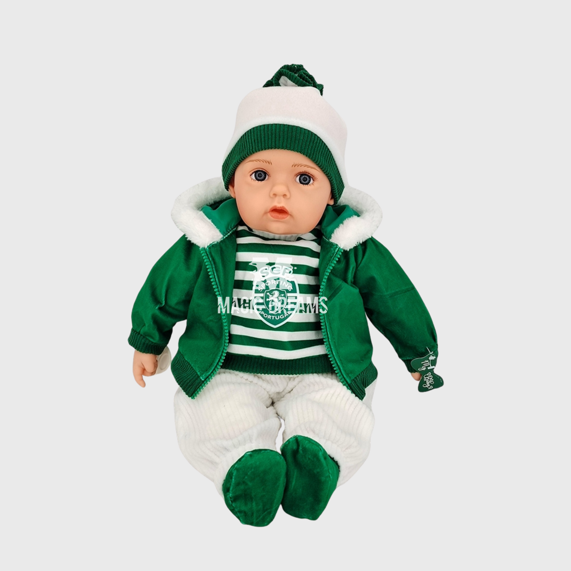 Boneco Bebé Realista Roupa Gorro Sporting CP 50cm com som