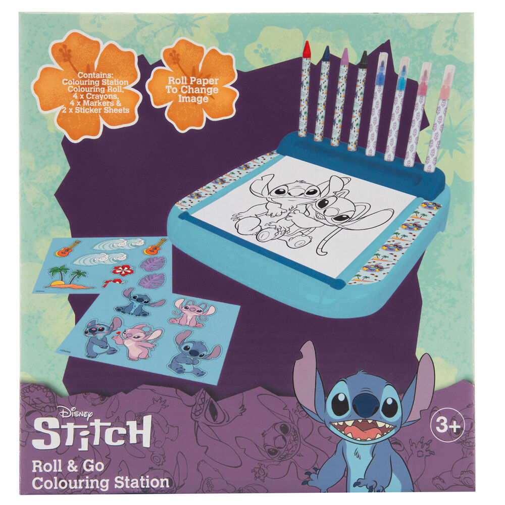 Set de Papelaria Colorir Roll & Go - Disney Stitch (Estação de Colorir + 4 Lápis de Cera + 4 Marcadores + 2 Folhas de Autocolantes)