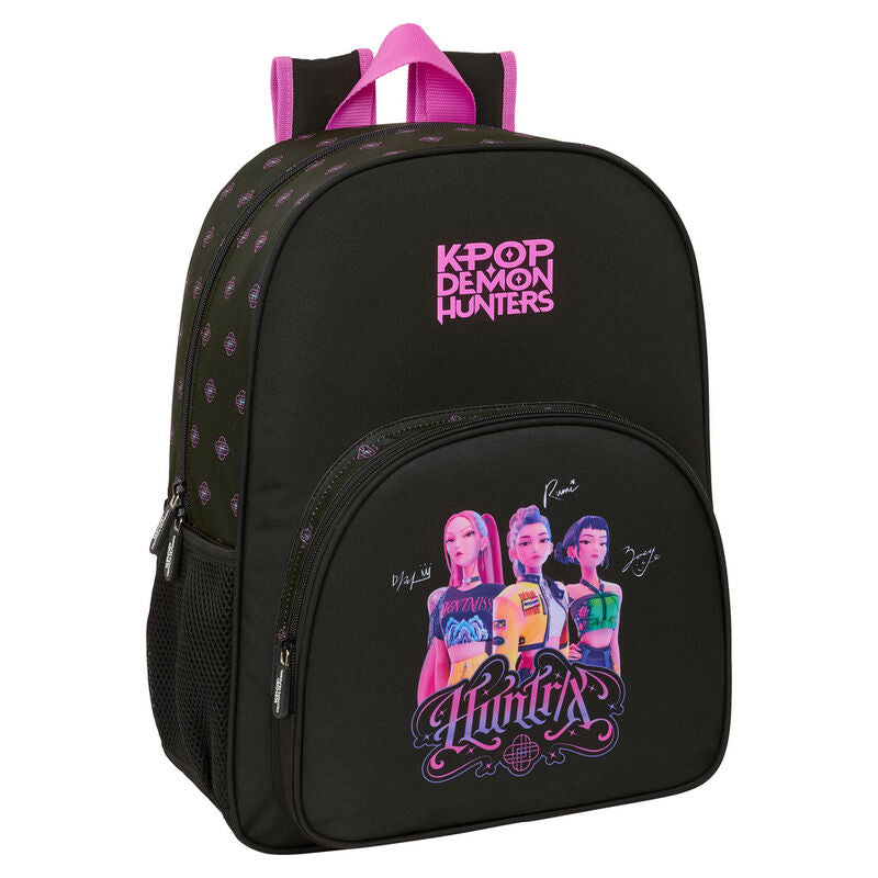 Mochila escolar de costas de 42cm adaptável a carrinho trolley em preto e rosa com bolsos de rede laterais e imagem de K-Pop Demon Hunters