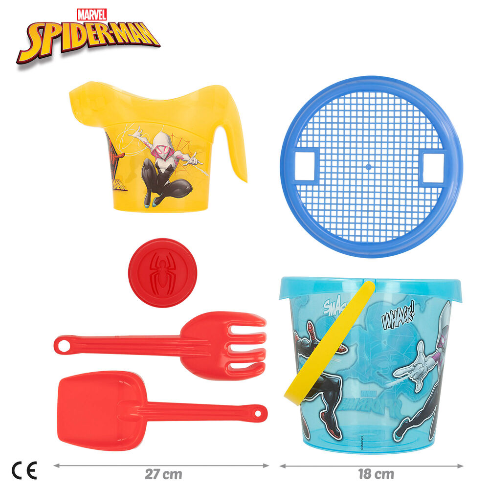 Conjunto de praia infantil de 7 peças do Spiderman com balde azul, pá, ancinho, molde de aranha vermelha, toalha grande do Homem-Aranha Marvel e bolsa de transporte transparente