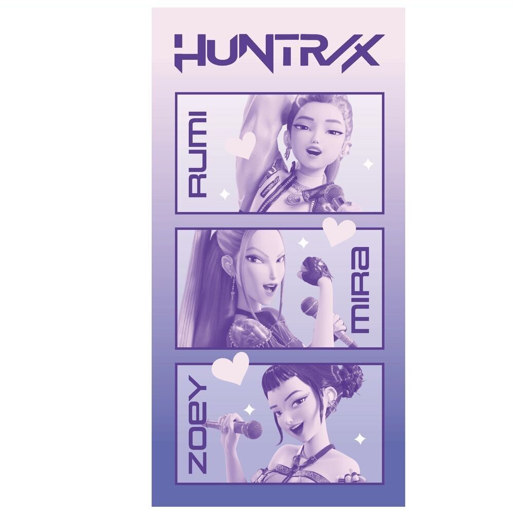 Toalha de Praia Microfibra Huntrix K-Pop Demon Hunters Rumi, Zoey e Mira 70x140cm