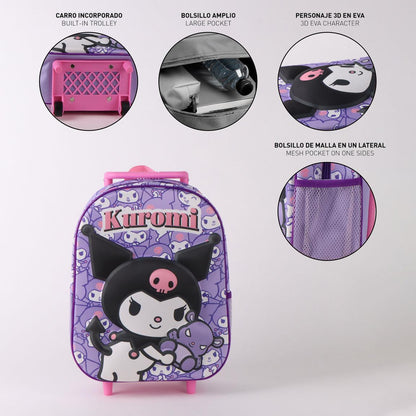 Mochila Pré-Escolar Trolley 3D Kuromi Hello Kitty 30cm