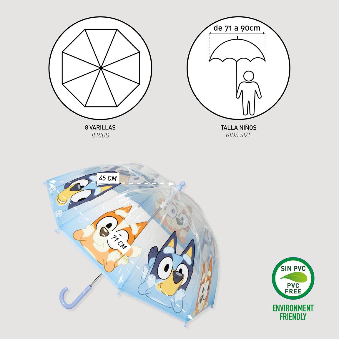 Chapéu de Chuva Manual POE Bolha Bluey e Bingo Azul Claro 45cm