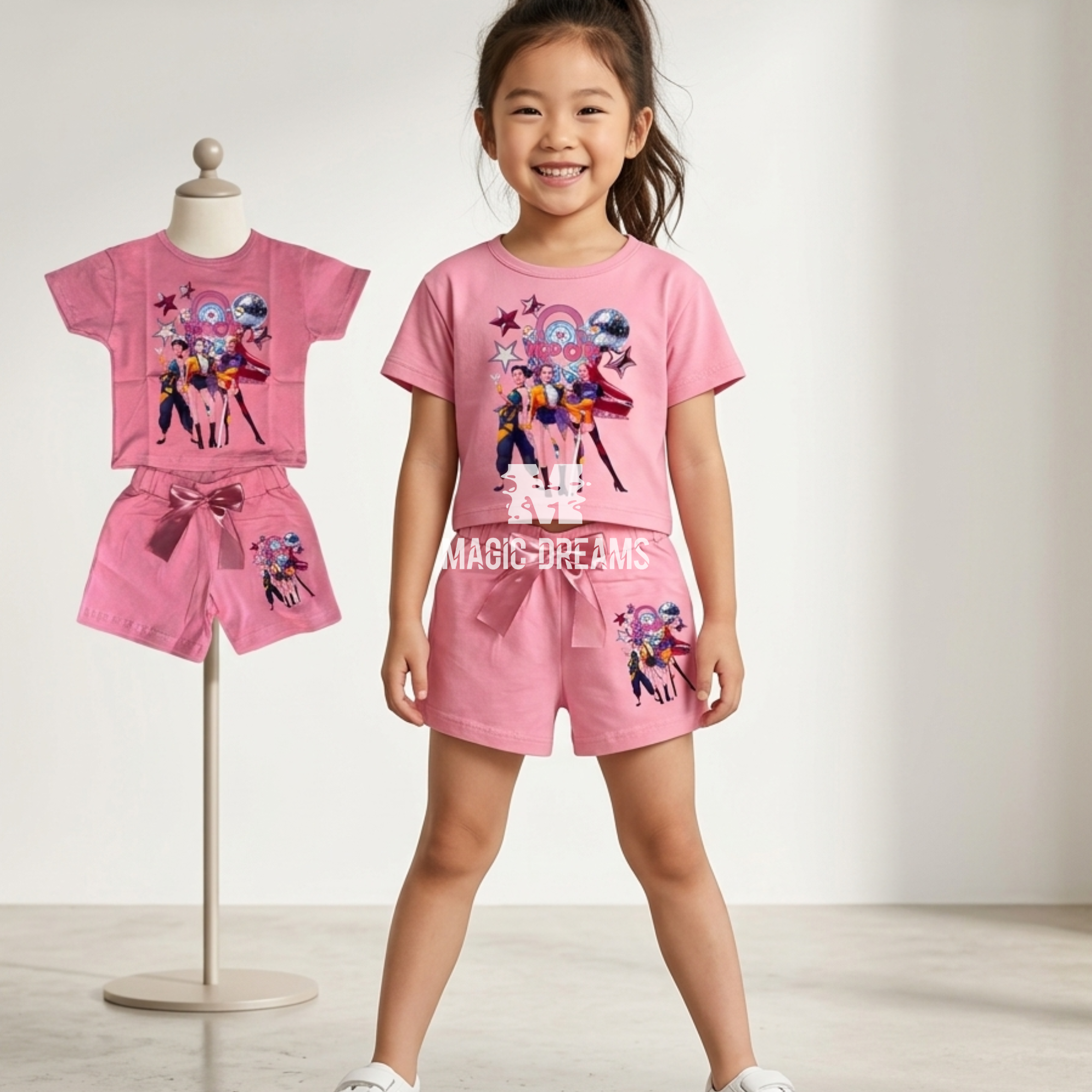 Conjunto T-Shirt e Calções de Verão K-Pop Style Demon Hunters Rosa