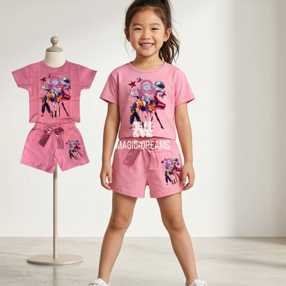 Conjunto T-Shirt e Calções de Verão K-Pop Style Demon Hunters Rosa