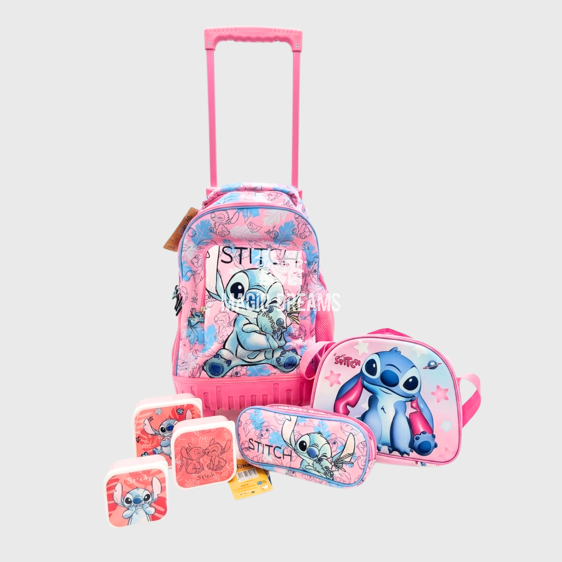 Conjunto de Mochila Escolar Trolley Stitch 44cm + Lancheira Térmica + Conjunto de 3 Sanduicheiras
