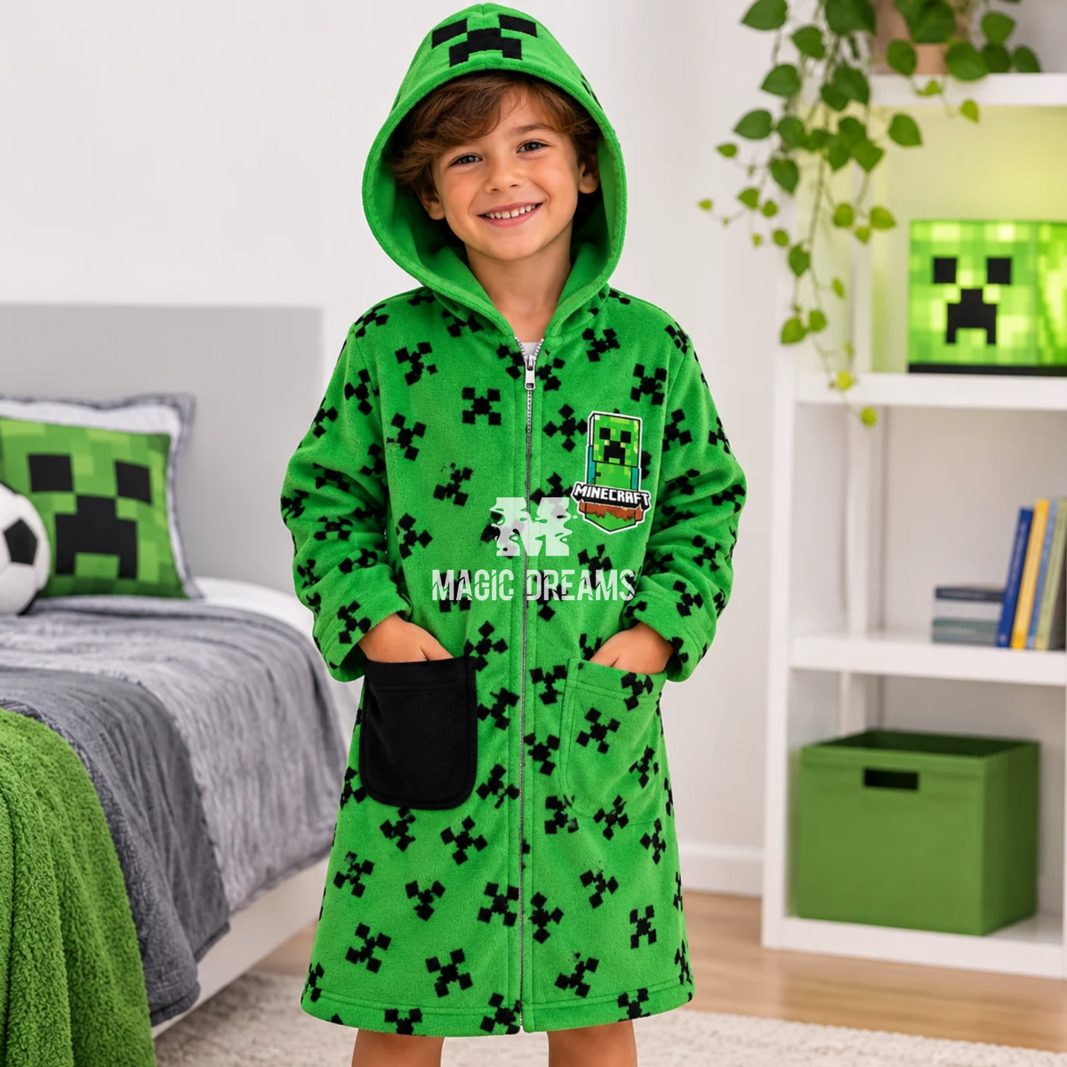 Robe Coralina com Capuz e Fecho Infantil Creeper Minecraft Verde