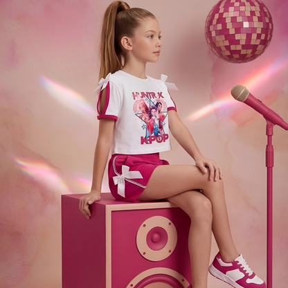 Conjunto T-Shirt e Calções de Verão K-Pop Demon Hunters Fushia