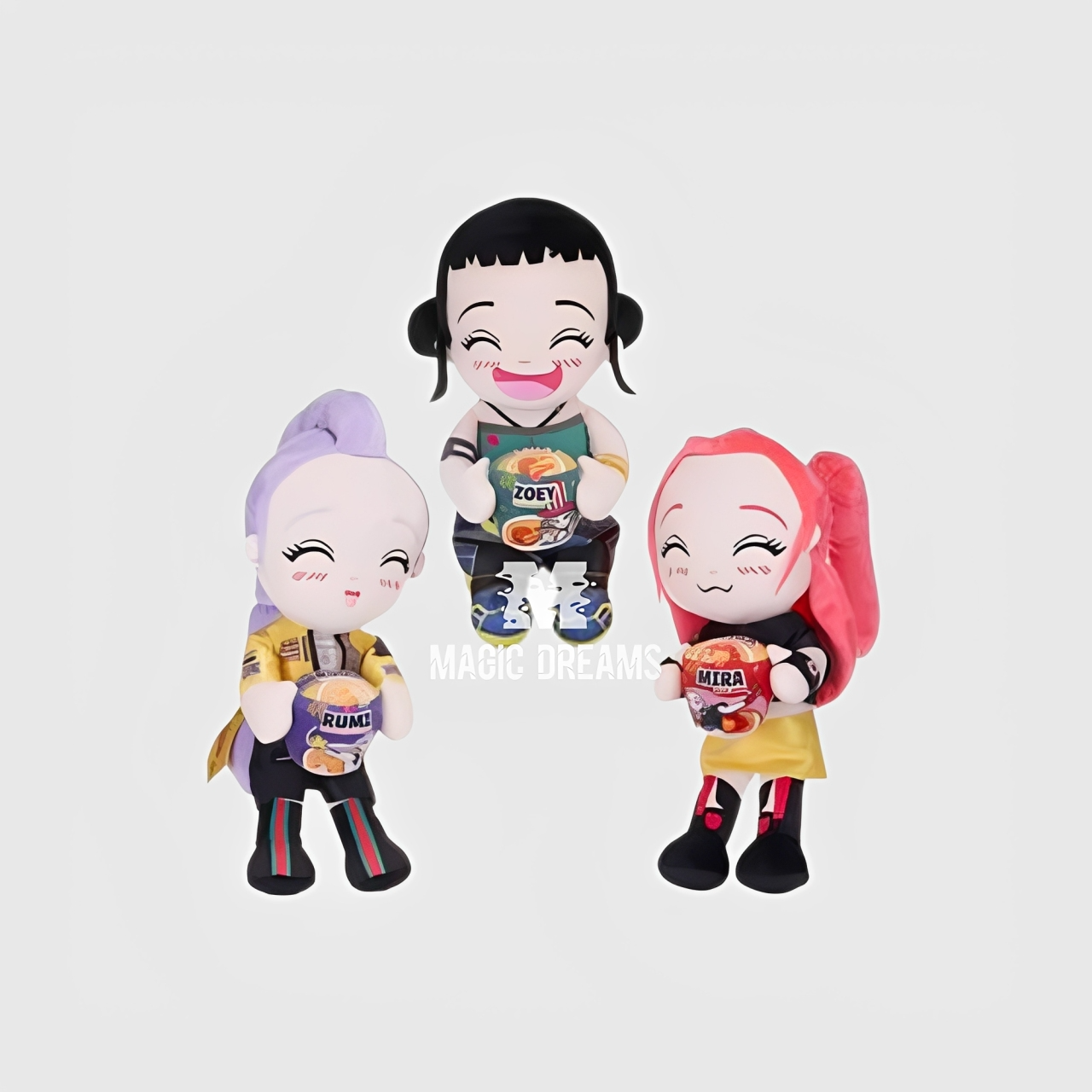 Conjunto de 3 Peluches Rumi, Mira e Zoey K-Pop Demon Hunters Oficial Netflix 30cm