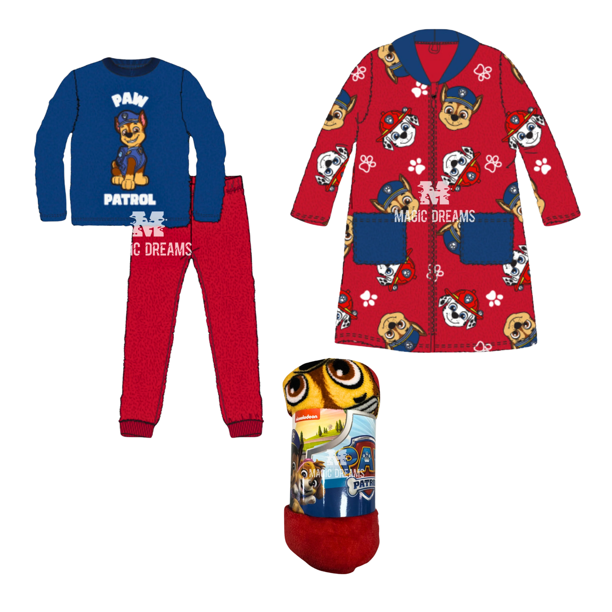Box Dia do Pijama - Pijama Coralina + Robe Coralina + Manta Coralina 100x140cm Patrulha Pata