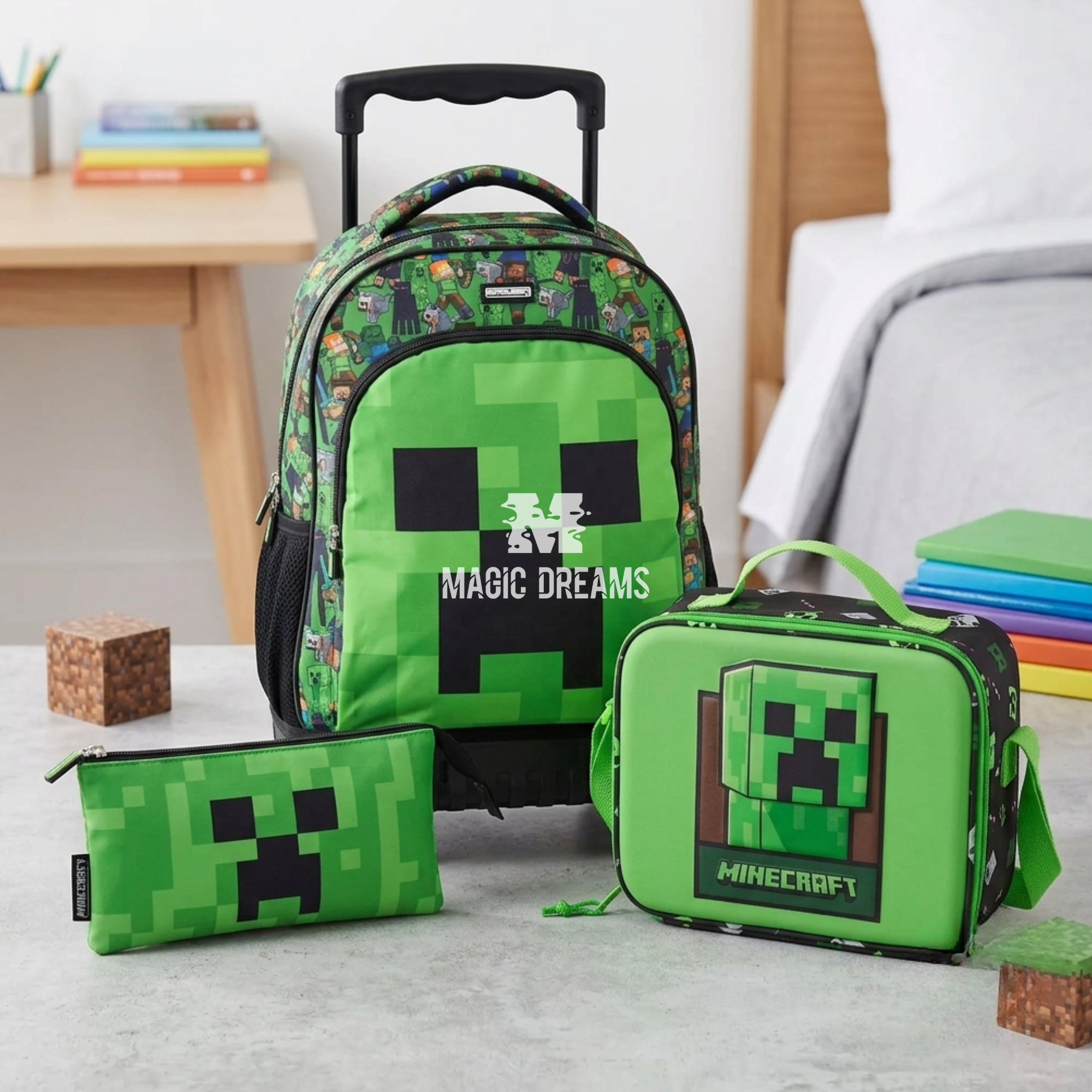 Conjunto Escolar Minecraft de 3 Peças: Mochila com Trolley 44cm + Estojo Triplo + Lancheira Térmica - Design Creeper