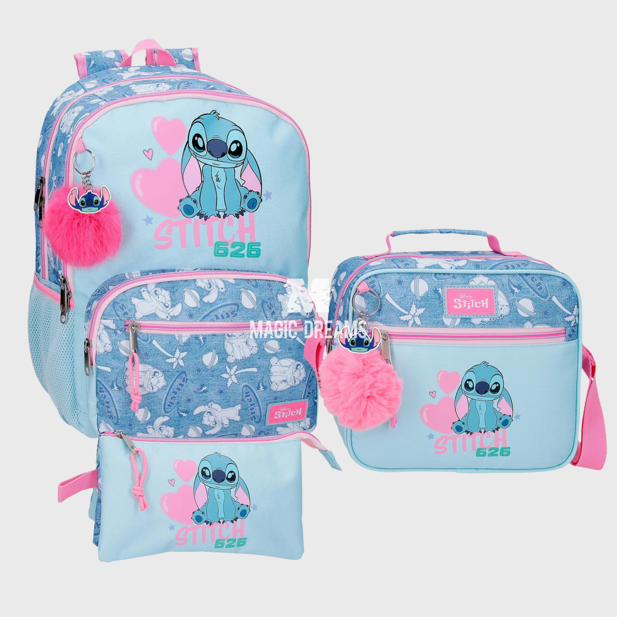Conjunto Mochila Stitch Hearts, Mochila Escolar 44cm Disney, Estojo Triplo Stitch, Lancheira Térmica Stitch, Material Escolar Stitch 626, Regresso às Aulas Rapariga, Pack Escolar Magic Dreams.