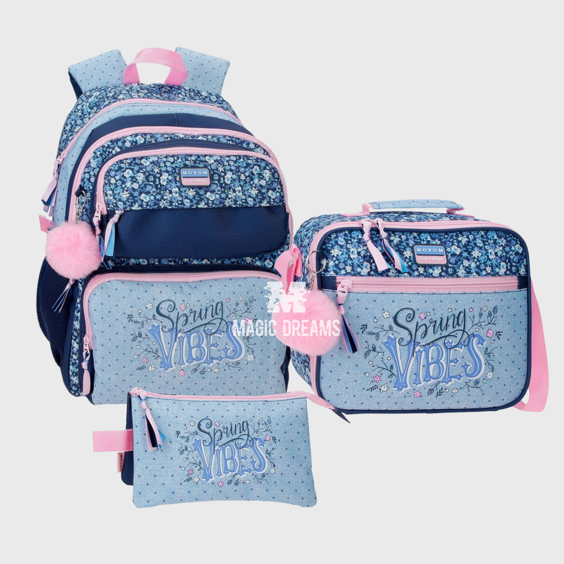Conjunto Mochila Escolar 45cm + Estojo triplo + Lancheira Térmica Spring Vibes Movom