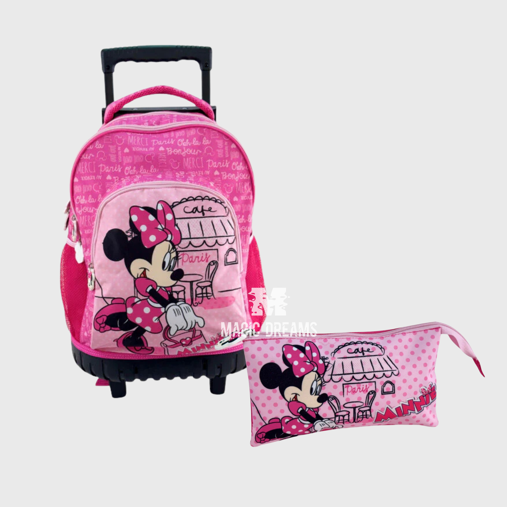 Conjunto de Mochila Escolar Trolley + Estojo Triplo Paris Minnie Mouse