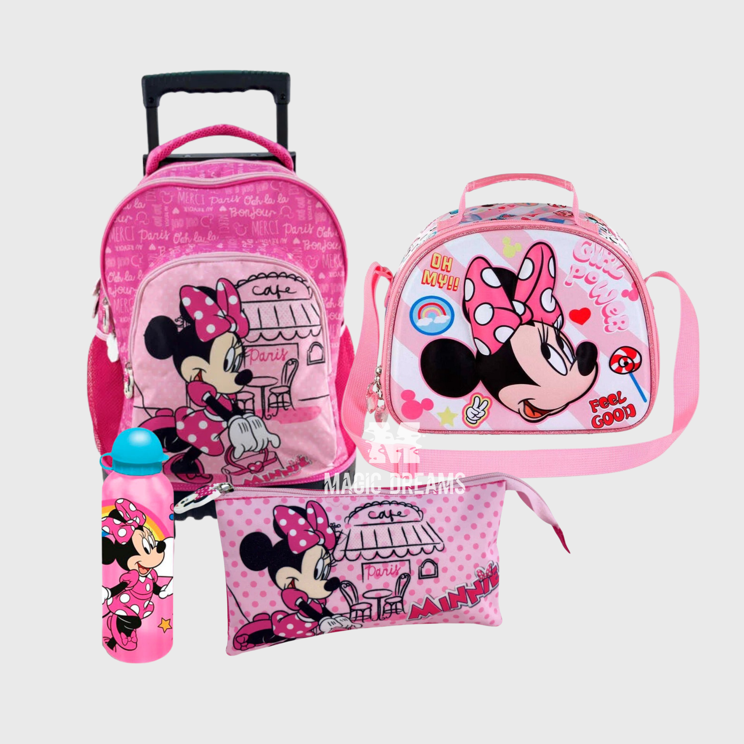 Conjunto de 4 Peças Mochila Escolar Trolley + Estojo Triplo + Lancheira Térmica + Garrafa Alumínio Paris Minnie Mouse