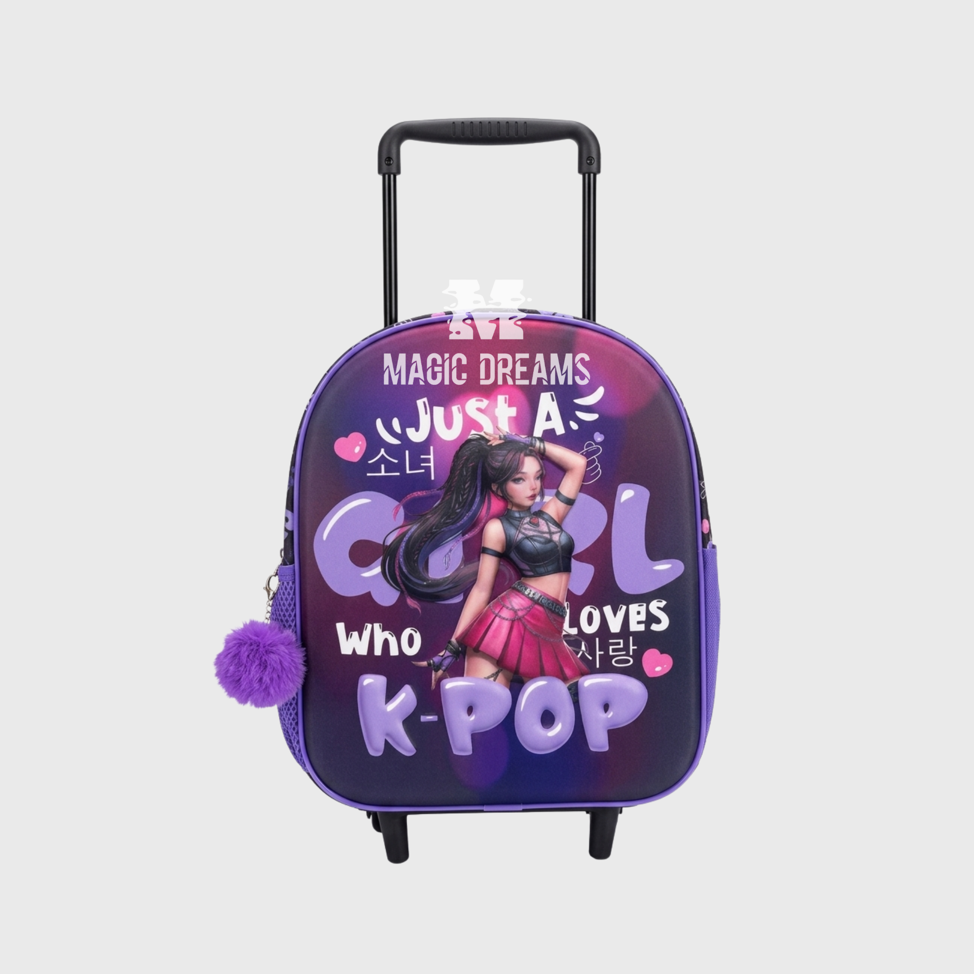 Mochila Pre Escolar Trolley 3D 32cm K Pop Loves vista frontal com pompom roxo Magic Dreams
