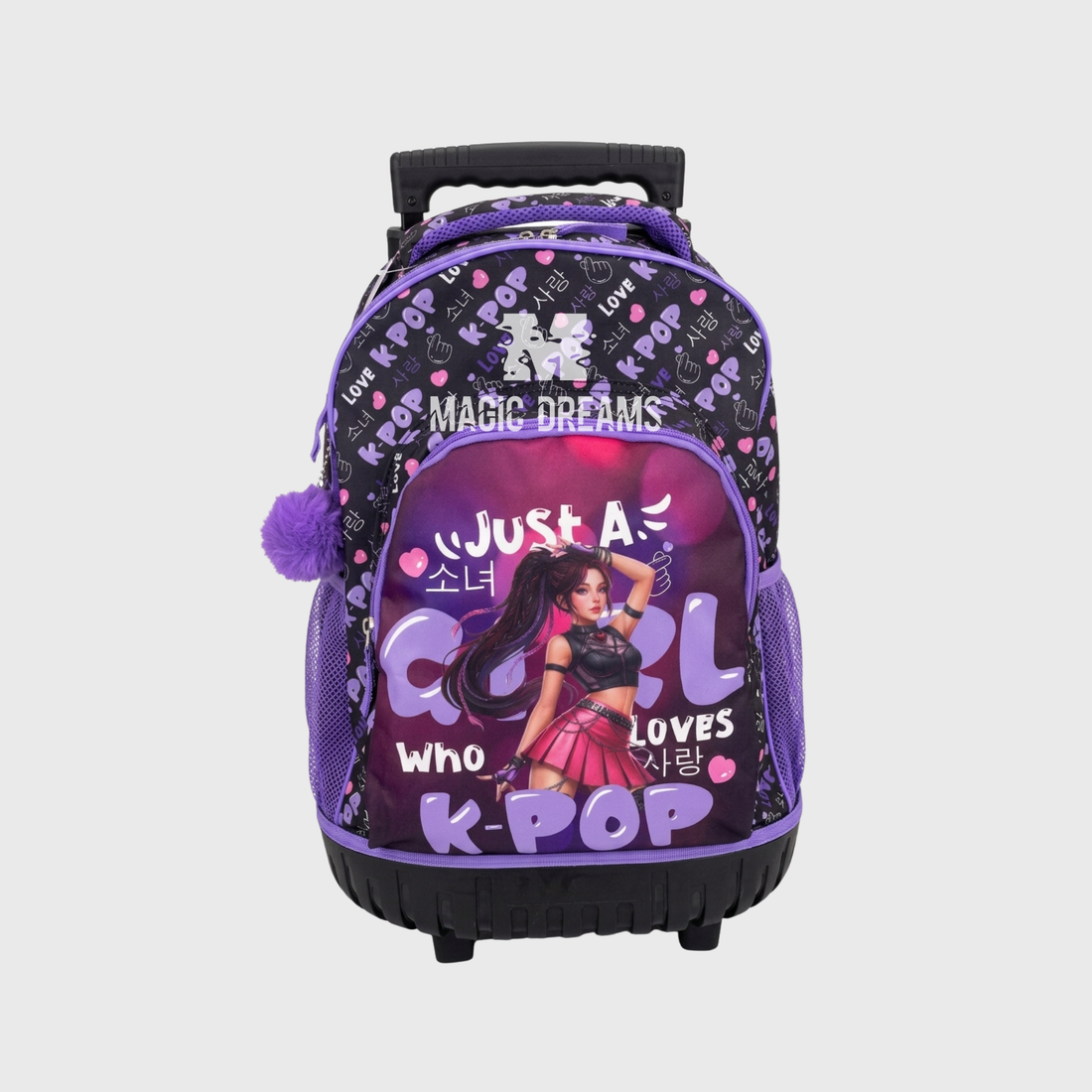 Mochila Escolar com Rodas Trolley K Pop Loves 44cm com pompom roxo Magic Dreams