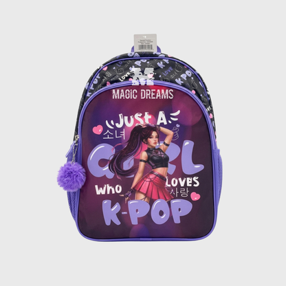 Mochila Escolar Adaptavel K Pop Loves 40cm com relevo 3D e pompom roxo Magic Dreams