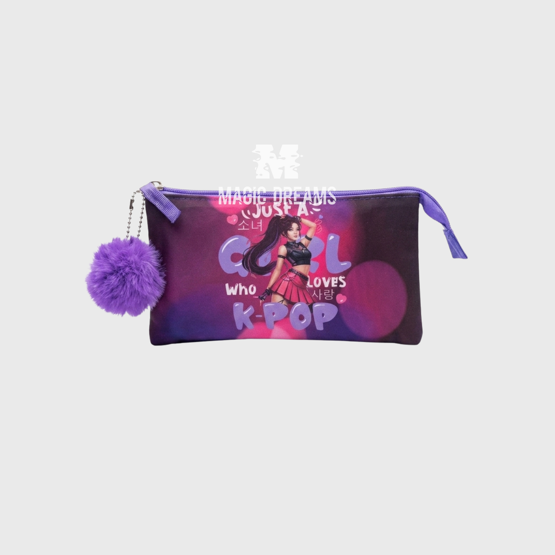 Estojo Escolar Triplo K Pop Loves de frente com pompom roxo Magic Dreams