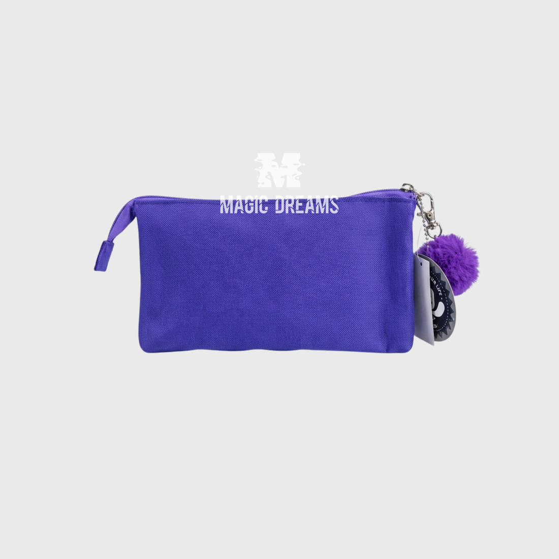 Parte de tras do Porta Lapis Estojo Triplo K Pop Loves em tecido roxo liso com fecho