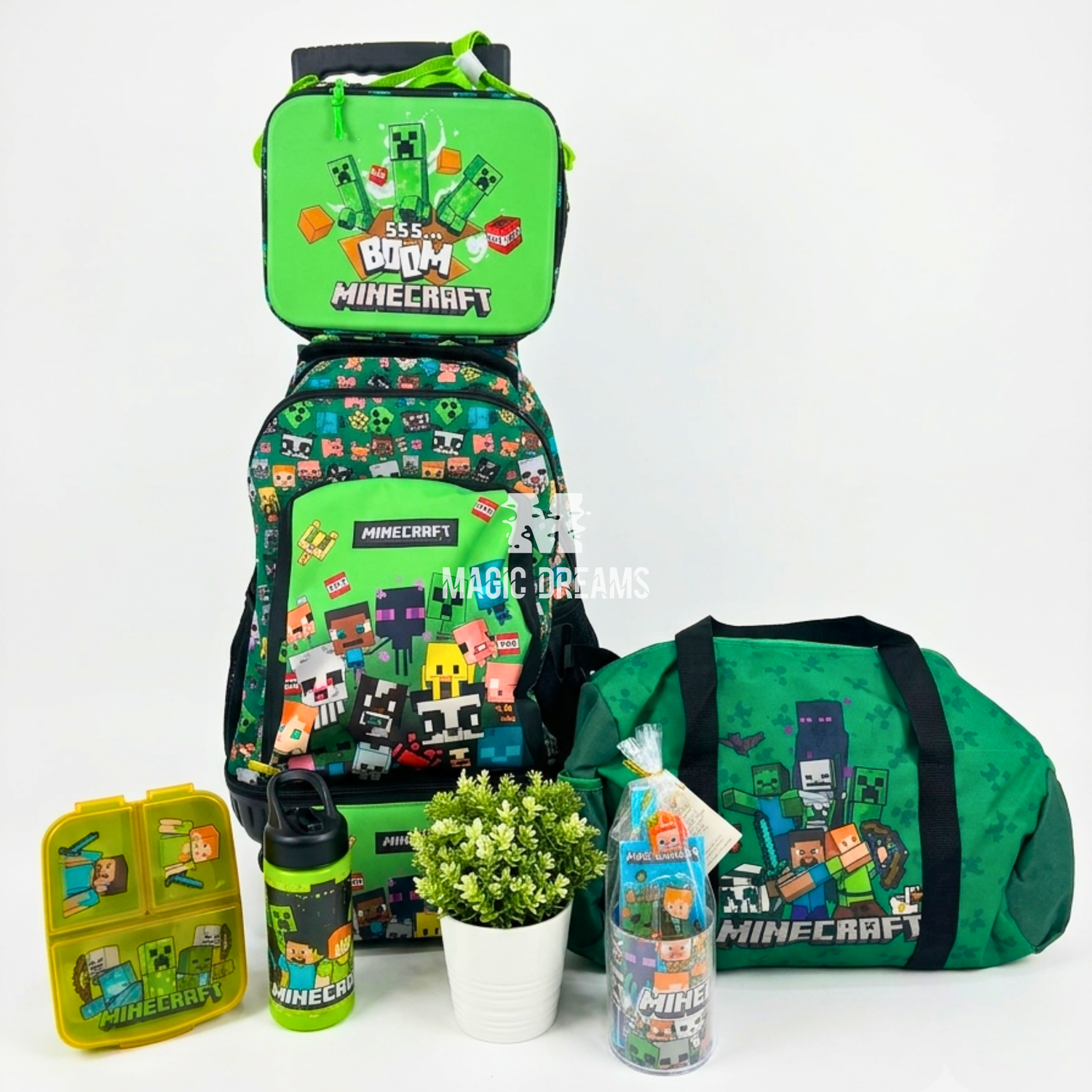 Conjunto Escolar Minecraft Completo 7 Peças: Mochila com Trolley 44cm + Lancheira + Estojo + Garrafa + Sanduicheira Tripla + Set de Papelaria + Saco de Desporto - Minecraft