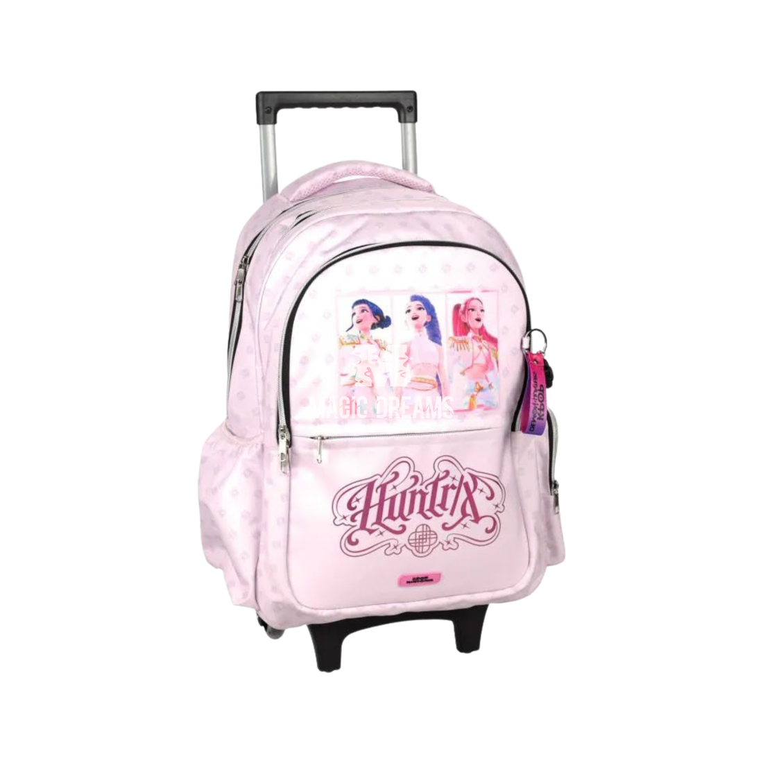 Mochila Escolar Trolley K-Pop Demon Hunters com 3 Compartimentos Huntrix Rosa 46cm