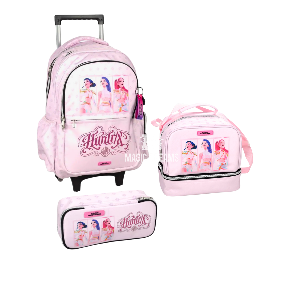 Conjunto de Mochila Escolar Trolley 46cm + Estojo Duplo + Lancheira Térmica K-Pop Huntrix Rosa