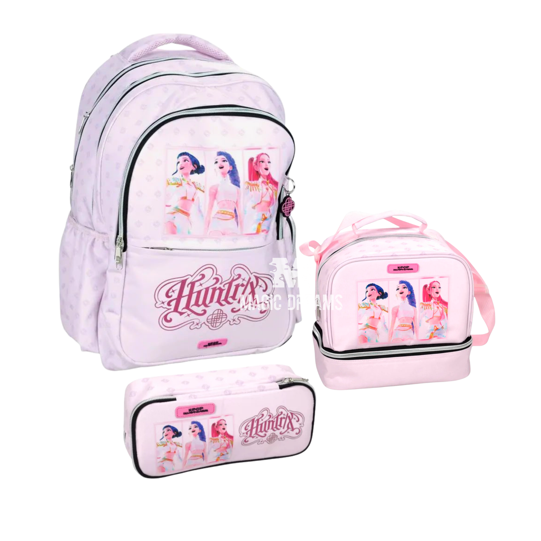Conjunto de Mochila Escolar 46cm + Estojo Duplo + Lancheira Térmica Guerreiras do K-Pop Huntrix Rosa