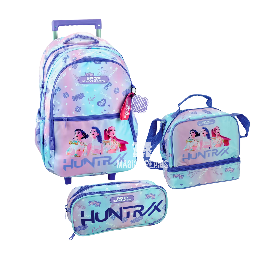 Conjunto de Mochila Escolar Trolley 46cm + Estojo Duplo + Lancheira Térmica Guerreiras do K-Pop Huntrix Lilás
