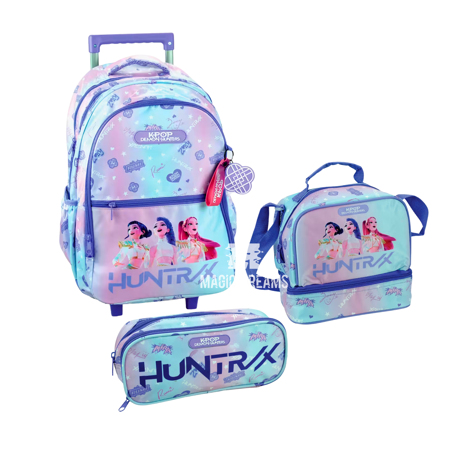 Conjunto de Mochila Escolar Trolley 46cm + Estojo Duplo + Lancheira Térmica Guerreiras do K-Pop Huntrix Lilás