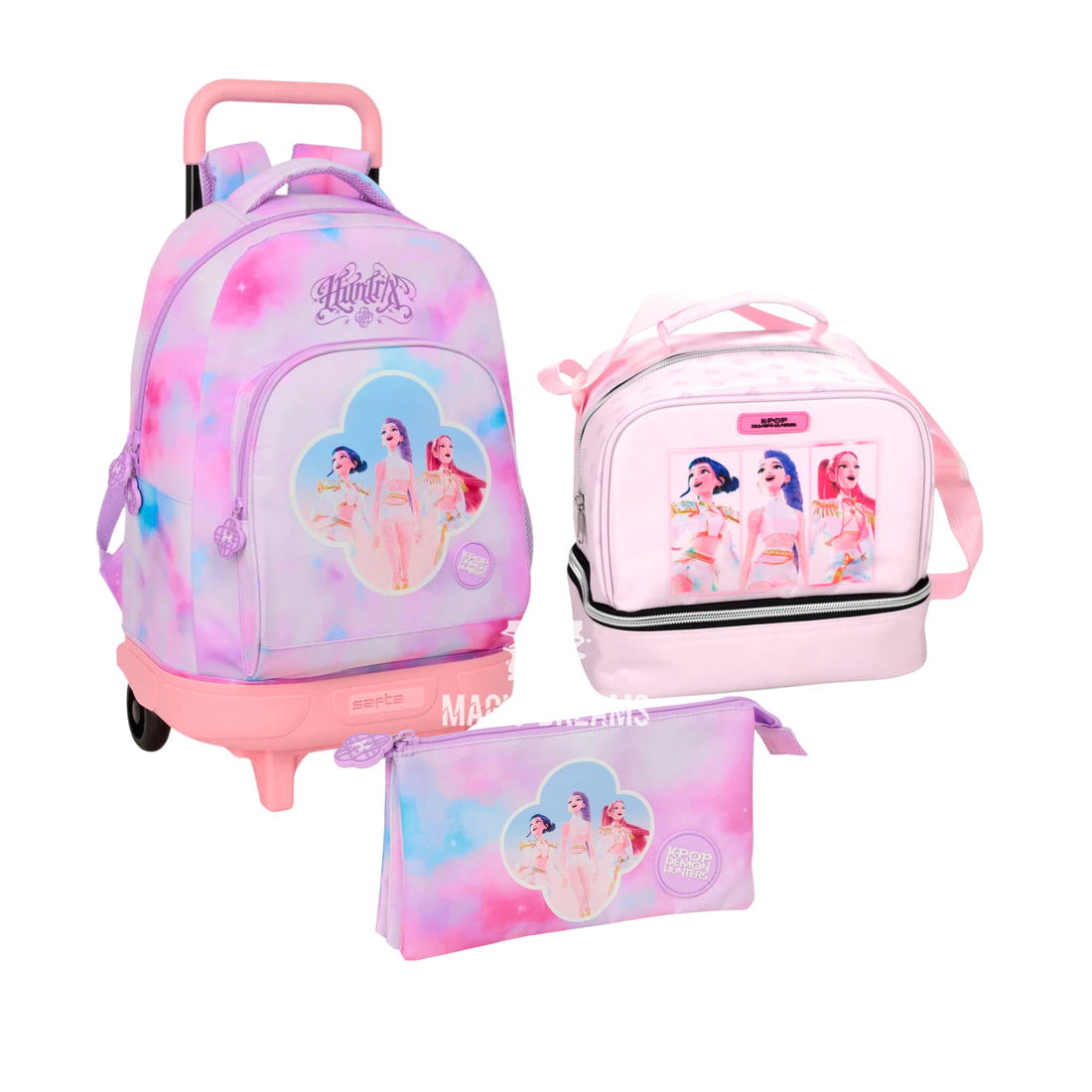 Conjunto de Mochila Escolar Trolley 46cm + Estojo Triplo + Lancheira Térmica Artist K-Pop Demon Hunters Huntrix