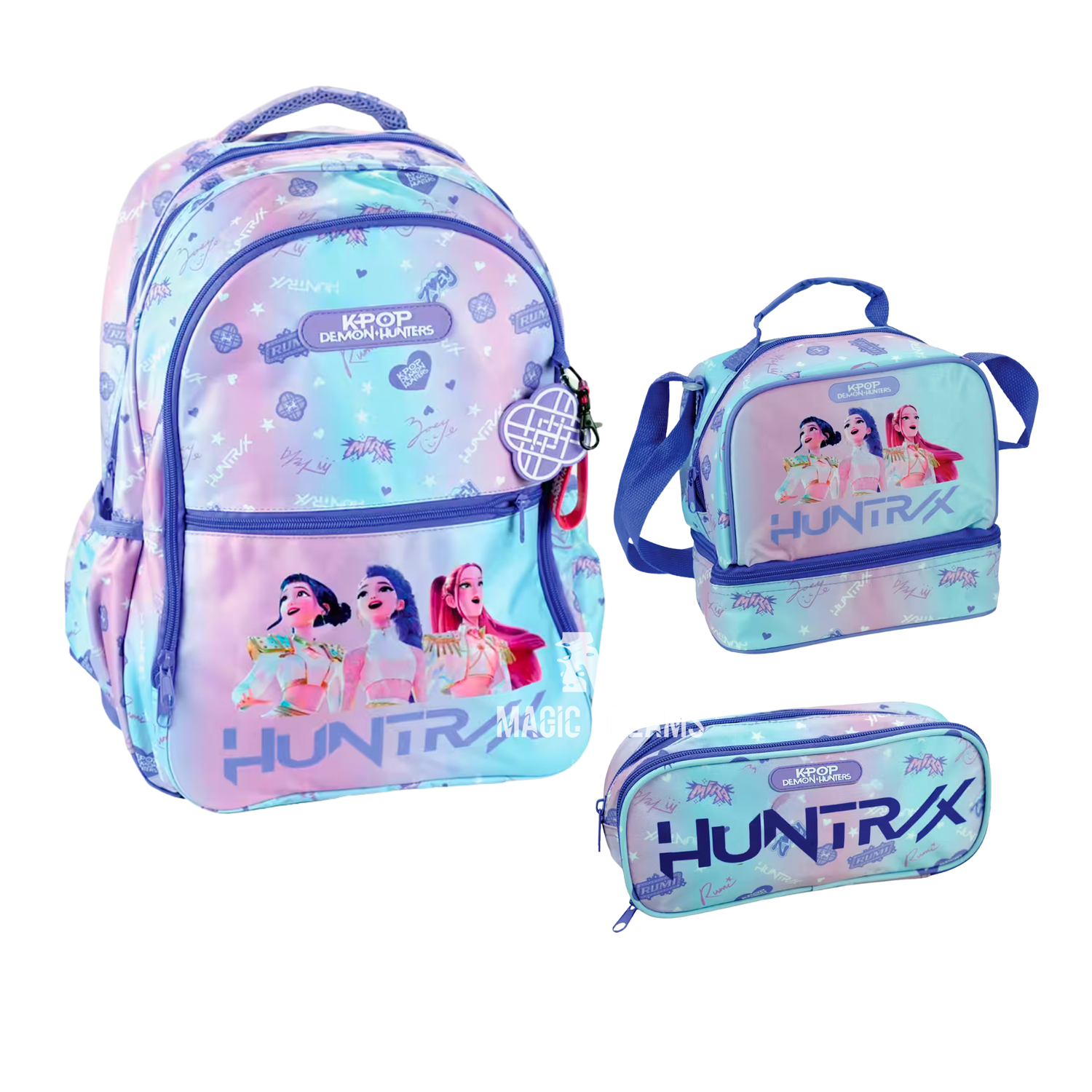Conjunto de Mochila Escolar 46cm + Estojo Duplo + Lancheira Térmica Guerreiras do K-Pop Huntrix Lilás