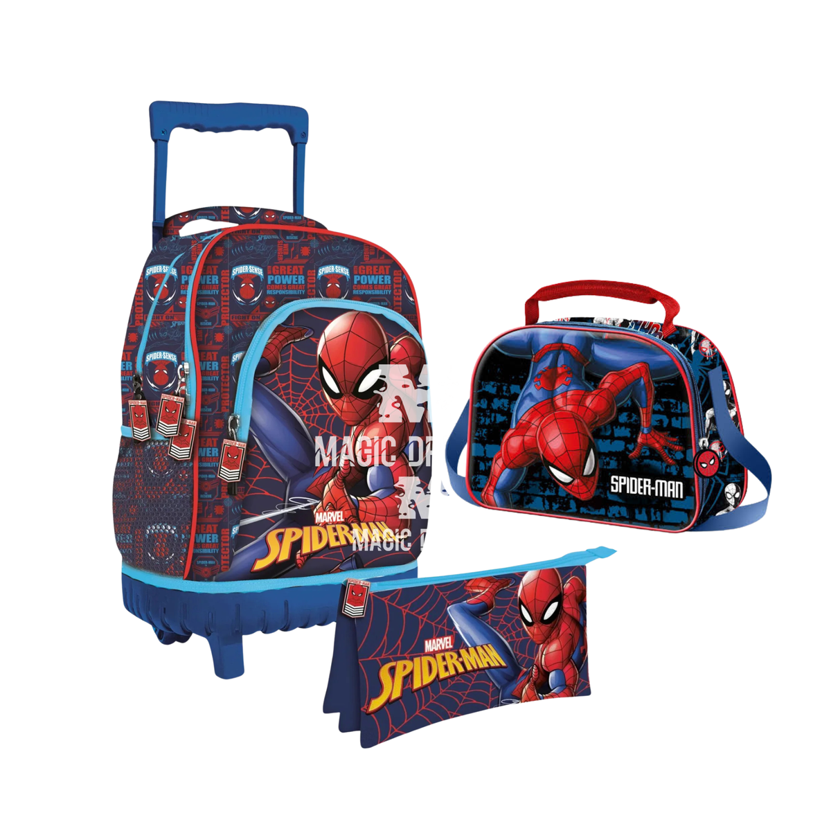 Conjunto de Mochila Escolar Trolley Spiderman 44cm + Estojo Triplo + Lancheira Térmica Homem Aranha Marvel