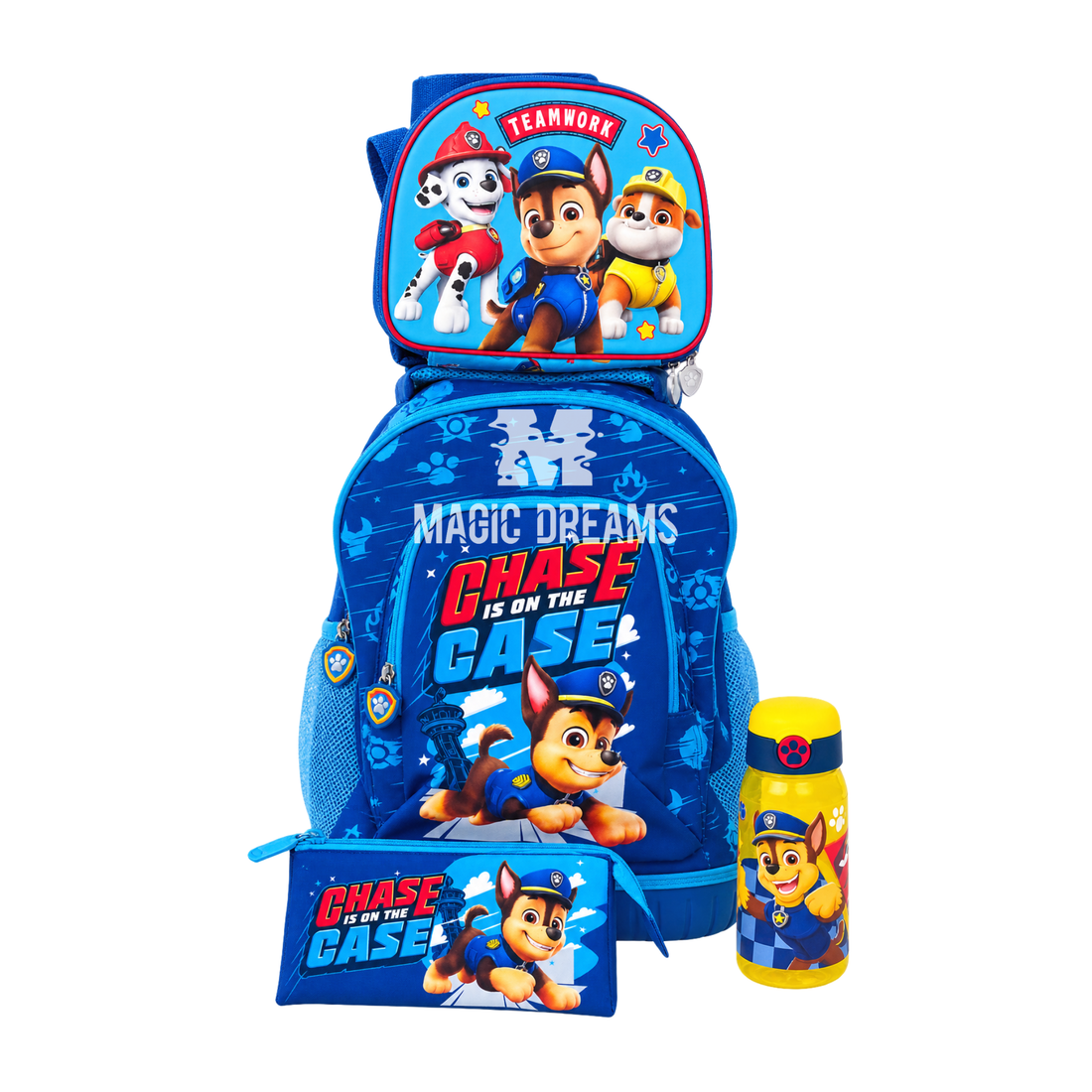 Conjunto de Mochila Escolar Trolley Patrulha Pata 44cm + Estojo Triplo + Lancheira Térmica Ready + Garrafa Palhinha Paw Patrol