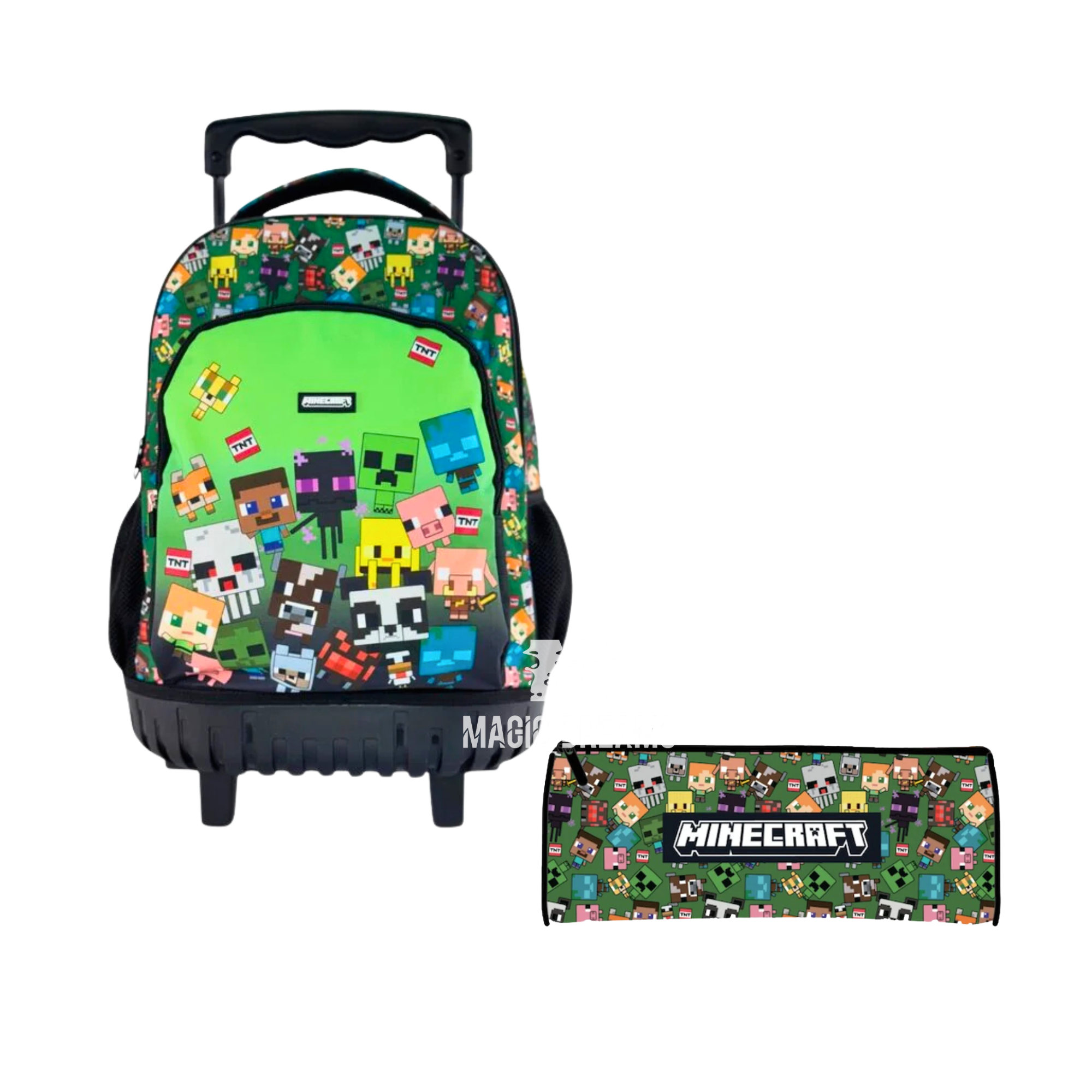 Conjunto de Mochila Escolar Trolley Minecraft 44cm + Estojo Redondo Characters Minecraft