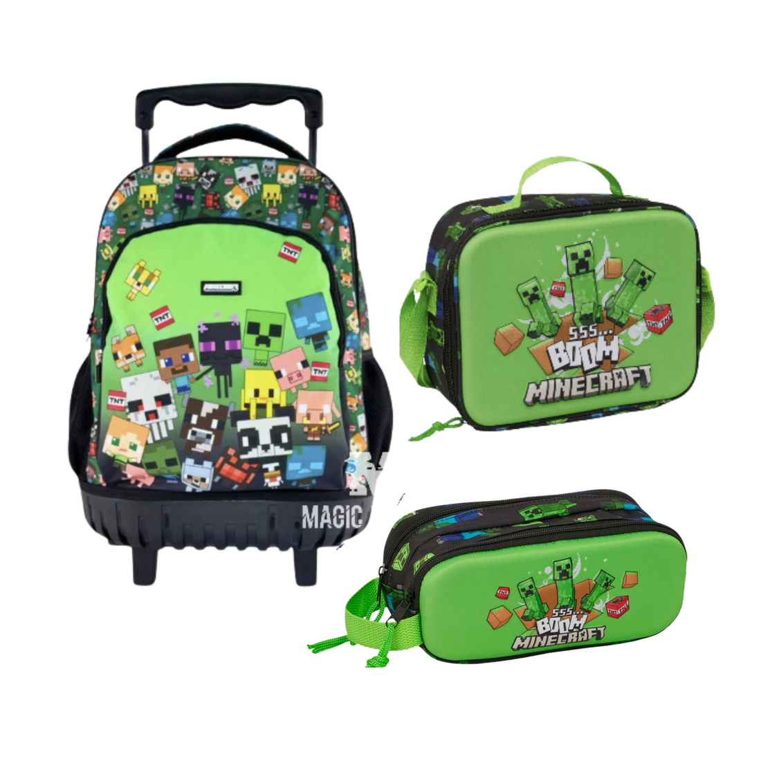Conjunto de Mochila Escolar Trolley Minecraft 44cm + Estojo Duplo Characters + Lancheira Térmica Minecraft